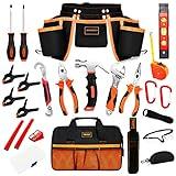 R RECOMFIT 25 Pieces Kids Real Tool Kit Children Real Tool Set with Real Hand Tools, Kids Tool Belt, Pouch Bag,Magnetic Wristband for Small Hands DIY Woodworking Projects Home Repair