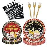 96 Pcs Movie Night Birthday Party Plates Napkins Forks Supplies Paper Tableware Set Disposable Table Movie Night Theme Snack Decoration for 24 Guests