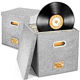 Set of 2 Vinyl Record Storage Box for up to 50+ 12-Inch Albums, Records Crate, LP Album Storage, Fabric Storage Boxes with Lids for Moving, Office, Closet, Home Organizer 13x13x13 (Gray)