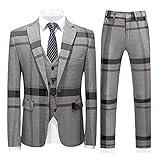 Men's Plaid Suit Slim Fit 3 Piece Casual Suits One Button Blazer Business Wedding Party Jacket Tuxedo Vest & Pants Grey