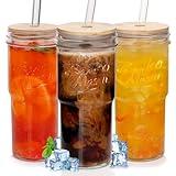 ANOTION Glass Cups with Lids and Straws, 24 oz Travel Coffee Mug Wide Mouth Mason Jar Iced Coffee Cup Smoothie Cup Glass Tumbler Tea Cup Clear Cups Cute Water Cups Drinking Glasses 3 Packs