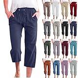 Bootcut Yoga Pants for Women Capri Pants Casual 2023 Summer Drawstring Elastic High Waist Linen Pant Straight Wide Leg Cropped Trouser