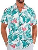 ELETOP Men's Hawaiian Shirt Quick Dry Tropical Aloha Shirts Beach Holiday Casual Shirts Flamingo Green Leaf F097 XL