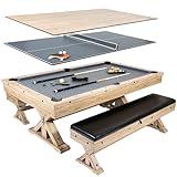 Freetime Fun 7 FT 3 in 1 Multi Game Pool Table with Dining Top Pool Table Ping Pong Table Combo with Dual Storage Bench Seating, Rustic Oak