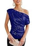 Slimming Ladies Off Shoulder Sequin Top Dressy Ruched Asymmetrical Sparkle Top Cute Bling Vegas Outfit for Women Holidays Shimmer Royal Blue L