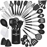 Silicone Kitchen Cooking Utensils Set-Umite Chef 43 pcs Heat Resistant Kitchen Utensils, Black Kitchen Gadgets Tools Set with Stainless Steel Handles for Non-Stick Cookware