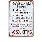 Vintage Metal Tin Sign - Humorous No Soliciting Message, 50 Charge Warning, Pre-Payment Required, Door Policy Sign, Funny Privacy Decor, 12x8 inches for Home and Business