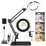 10X Magnifying Glass with Light and Stand, Real Glass 2-in-1 Desk Lamp & Clamp, Craft Light Lamp with 3 Color Modes, LED Lighted Magnifier with Light for Hobby Reading Crafts Repair Close Works