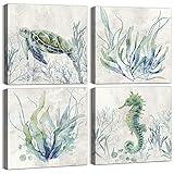 WZSart Ocean Animals Plants Bathroom Decor Canvas Wall Arts Watercolor Sea Turtle Seahorse Seaweed Printed Pictures Artwork Vintage Painting Decoration for Bathroom Living Room Kithcen Ready to Hang