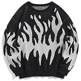 ZAFUL Mens Fashion Y2K Sweaters Unisex Oversized Jumper Crewneck Long Sleeve Casual Knit Flame Sweater Black L