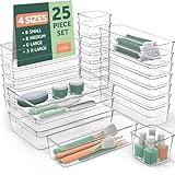 25 PCS Clear Plastic Drawer Organizers Set, 4 Sizes Clear Drawer Organizers & storage Bins for Makeup/Jewelry Vanity, Kitchen Gadgets Or Office Desk. Bathroom Drawer Organizer Trays With Non-Slip Pads