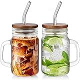 DRASTAR Mason Jar Cups with Lids and Straws, 16 oz Mason Jar with Handle, Iced Coffee Glasses Cups, Glass Cups with Acacia Wood Lids, Mason Jar Drinking Glasses Cups Set of 2