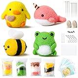 WATINC Set of 4 Cute Animal Needle Felting Starter Kit Frog Chick Bee Narwhal Animal Doll Wool Felting Tools Felt Needles Foam Mat DIY Needlework Craft Party Supplies for Beginners Adults Kids