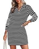 WIHOLL Striped Dress for Women Casual Long Sleeve Mini Dress Fall Winter Preppy Comfy Sweatshirt Dress College Graduation Homecoming Black and White Stipes S