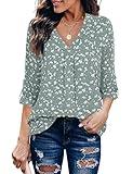 Youtalia Women Blouses and Tops Fashion, Tunic Tops for Women Roll Sleeve Shirt Cute V Neck Top Pleated Blouse Swing Hem Loose Fit Casual Plus Size Shirts Tops Floral Green X-Large