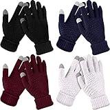 4 Pairs Women's Winter Touch Screen Gloves Warm Fleece Lined Knit Gloves Elastic Cuff Winter Texting Gloves (Black, Wine Red, White, Navy Blue)