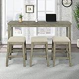 Merax 4-Piece Counter Height Bar Table Set with Socket and Fabric Padded Stools, Rustic Bar Dining Set, Gray Green