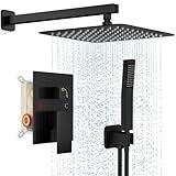 FPXRNG Black Shower Faucet Set, Rainfall Shower System with Rain Shower Head and Handle Set, Wall Mounted Shower Fixtures, Full Metal Trim Repair Kit 10 inch Matte Black (With Shower Valve)