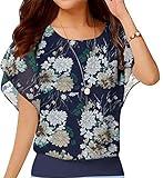 Neineiwu Women's Printed Flouncing Casual Short Sleeve Chiffon Blouse Top (White Flower-Navy M)