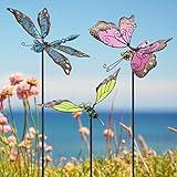 Juegoal 34 Inch Butterfly Garden Stakes Decor, Dragonfly Hummingbird Stakes, Glow in Dark Metal Yard Art for Mom, Mothers Day Ideal Gifts, Indoor Outdoor Lawn Pathway Patio Ornaments, Set of 3