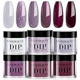 AZUREBEAUTY Dip Powder Nail Set, 6 Colors Fall Winter Purple Rose Red Glitter Natural Dipping Powder Starter Kit, French Nail Art Manicure DIY Salon, No Need Nail Lamp Cured