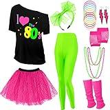 Vabean 19 Pcs 80s Costume Set T Shirt Leggings Tutu Skirt Headband Necklace Bracelets Earrings Gloves Leg Warmers for Women (Green Leggings,XX-Large)