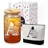 Custom Glass Cup & Makeup Bag Set - Personalized Gifts for Women, Initial 16 oz Glass Tumbler with Lid & Straw, Monogram Makeup Bag - Birthday Gifts For Women, Mother's Day Presents(A)