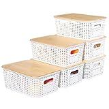 PENGKE Plastic Storage Bins With Lid Stackable Organizing Container Woven Lidded Storage Organizer Baskets for Shelves Drawers Desktop Closet Playroom Classroom Office,6 Pack