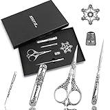 Kogyxe Embroidery Scissors Kits, Vintage Scissors European Style Sewing Scissors, Sewing Kit with Thimble and Metal Floss Bobbin, Complete Needlework Kits for Embroidery (Silver)