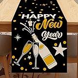 Seliem Happy New Year Eve Cheers Table Runner, Black Gold Tabletop Scarf Home Kitchen Polka Dots Stars Decor, 2025 Winter Holiday Farmhouse Burlap Dining Decorations Party Supply 13 X 72