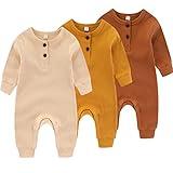 IADOER Newborn Baby Boys Girls One Piece Romper With Mitten Cuffs 3 Pack Long Sleeve Ribbed Button Jumpsuit Outfit Clothes apricot+yellow+tan 12 months