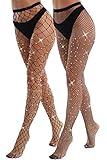 VEBZIN 2 Pack Sparkly Large And Medium Mesh Black Fishnet Tights Glitter Rhinestone Fishnets Leggings Stockings for Women