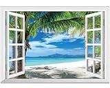 FLFK Fake Window Wall Mural - Beach Palm Trees Faux Window Wall Sticker for Wall Decor, Stick and Peel Wall Decals,48"x32",Set of 2 Sheets