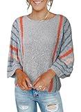 Dokotoo Womens Fashion Casual Sweaters Fall Winter 2024 Crewneck Color Block Striped 3/4 Dolman Sleeve Tops Oversized Lightweight Comfy Cozy Cable Knit Pullover Tops Trendy Grey M