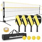 AboveGenius Pickleball Set with Net, Pickleball Paddles Set of 1 2 3 4, Portable Pickleball Net for Outdoor Indoor Driveway, 4 Pickleball Balls, 1 Storage Bag (Yellow, 17 FT (NET))