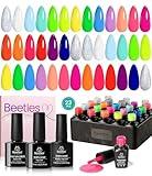 beetles Gel Polish Set 23Pcs Summer Neon Gel Nail Polish Kit with 3Pcs Base Gel Top Coat, Orange Blue Hot Pink Magenta Lemon Green Colors Summer Nail Gel Polish Soak Off UV Manicure Rainbow Nail Art