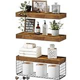 QEEIG Bathroom Shelves Over Toilet Wall Mounted Floating Shelves Farmhouse Shelf Toilet Paper Storage Small 16 inch Set of 3, Rustic Brown (019-BN3)