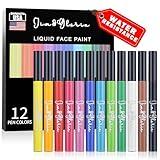 Jim&Gloria Water Resistance Face Paint 12 Colors Brush Pen Set Sweatproof Smudge Proof Body Markers Painting Kit Waterproof Tattoo Skin Rainbow SFX Makeup Accessories for Halloween Gift Kids & Adults