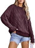 EVALESS Womens Casual Crewneck Sweaters Trendy Long Sleeve Color Block Sweater Tops Fall 2024 Chunky Cable Knit Pullover Sweaters Comfy Warm Jumper Top Loose Fit Clothes Burgundy Medium