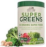 Country Farms Super Greens Natural Flavor, 50 Organic Super Foods, USDA Organic Drink Mix, Fruits, Vegetables, Super Greens, Mushrooms & Probiotics, Supports Energy, 20 Servings, 10.6 Oz