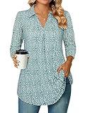 Bulotus Fall Tops for Women 2023 Trendy, Plus Size Tunic Tops for Women Business Casual Clothes Loose Fit V Neck Shirts Collared Elegant Tunic or Tops Professional Blouses, Green Dots, XXL