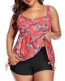 Aqua Eve Women Plus Size Tankini Swimsuit Two Piece Flowy Swimdress Bathing Suits with Shorts Red Floral 18W