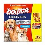 Bounce Pet Hair and Lint Guard Mega Dryer Sheets with 3X Pet Hair Fighters, Fresh Scent, 130 Count (Packaging May Vary)