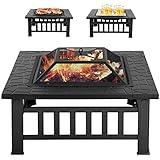 Outdoor Fire Pit for Wood 32" Metal Firepit for Patio Wood Burning Fireplace Square Garden Stove with Charcoal Rack, Poker & Mesh Cover for Camping Picnic Bonfire Backyard