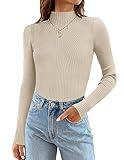 ZESICA Women's 2024 Fall Long Sleeve Turtleneck T Shirt Ribbed Knit Sweater Slim Fit Basic Casual Tee Tops,Almond,Large