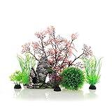 JIH Aquarium Fish Tank Plastic Plants and Cave Rock Decorations Decor Set 7 Pieces, Small and Large Artificial Fish Tank Plants with Cave Rock (CU89Red-7)