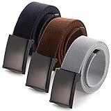 Mile High Life Cut To Fit Canvas Web Belt Size Up to 52" with Flip-Top Solid Black Military Buckle (3 Pack Brown/Navy/Gray)