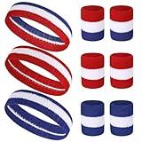 9Pcs Sweatband Set, Sports Headband and Wristbands, Red White and Blue Cotton Striped Sweat Bands Moisture Wicking Sweat Absorbing Head Band for Tennis, Basketball, Football, Gymnastics