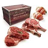 Grumpy Butcher Box Meat Gift in Treasure Chest: 2 Top Sirloins Steaks (6 oz), 2 Duroc Bone-in Pork Chops (16 oz) and 2 Bacon-Wrapped Chicken Breasts (8 oz) - Gifts for Men Who Have Everything