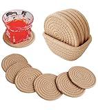 Valdivia Boho Drink Coasters with Storage Basket, Handmade Woven Cotton Absorbent Coaster Set of 6, Minimalist Home Decor for Coffee Table, Kitchen, Housewarming Gifts New Home for Men Women